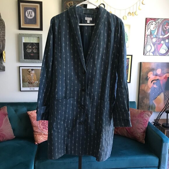 GARNET HILL size S Blue Print Linen Button Front Relaxed Topcoat Jacket - Picture 1 of 6